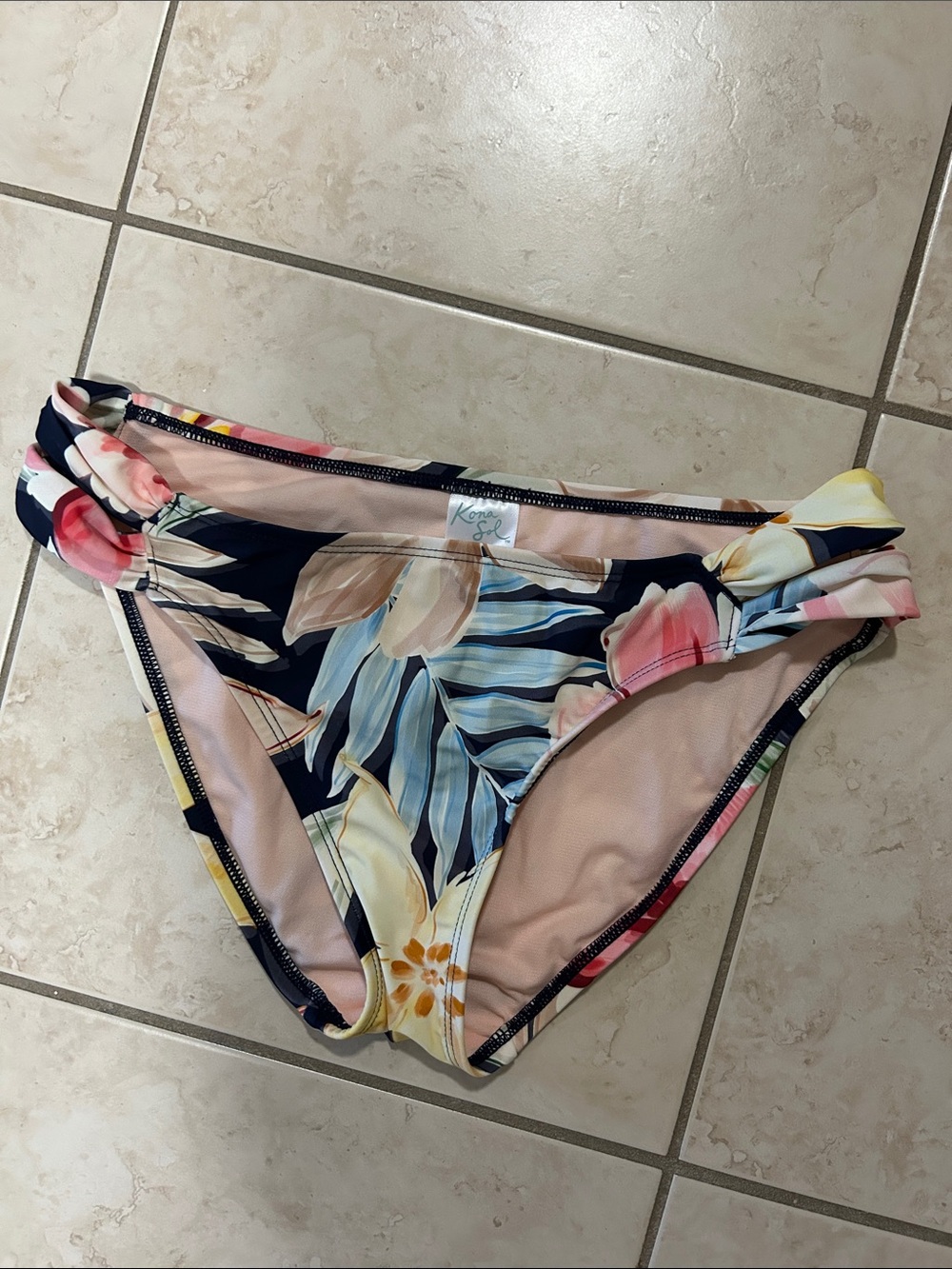 Kona Sol Navy Floral Bikini Bottoms with Pink, Yellow and Blue